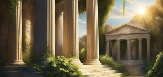 Des colonnes d'un temple grec ancien baigné par une douce lumière et envahi par des lierres illustrant le rêve de colonne en Islam