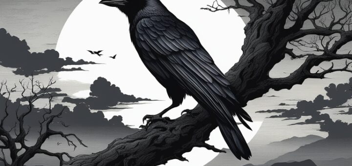 Une illustration d'un corbeau perché sur une branche pendant une nuit de clair de lune symbolisant le rêve du corbeau en Islam