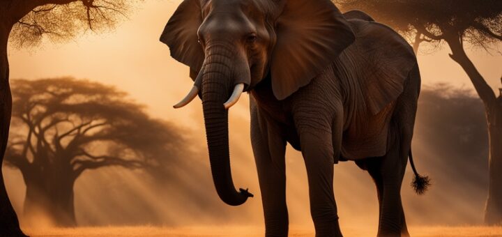 Un éléphant dans la savane pendant le soleil couchant illustrant le rêve de l'éléphant en Islam.