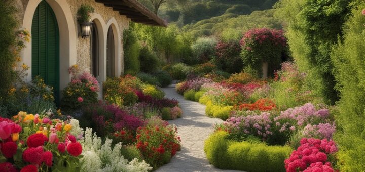 Une allée remplie de fleurs à coté d'une jolie maison baignant dans le soleil illustrant le rêve de fleurs en Islam