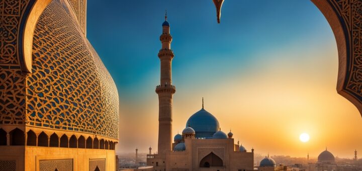 Un minaret sur un ciel bleu et un soleil couchant, la vue sur le minaret par une fenêtre en forme d'arabesque illustrant le rêve du minaret en Islam